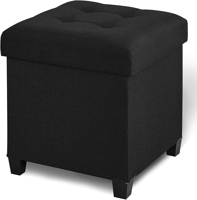 17.7" Ottoman with Storage, Square Storage Ottoman for Dorm, Linen Ottomans with Legs for Living Room, Bedroom, Black