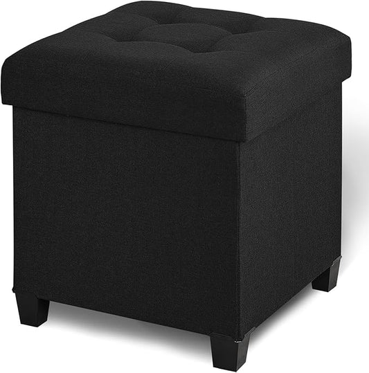 17.7" Ottoman with Storage, Square Storage Ottoman for Dorm, Linen Ottomans with Legs for Living Room, Bedroom, Black