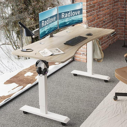 Radlove Electric Standing Desk, 55 x 30 Height Adjustable Computer Desk Sit Stand Desk Home Office Desks with Splice Board and A Under Desk Cable Management Tray (White Frame + Oak Top)