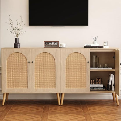 Rattan Storage Cabinet, 2-Door Boho Sideboard in Oak, Adjustable Shelf, Elegant Rattan Buffet Cabinet with Storage for Stylish Home Organization 31.5" Oak Set 2