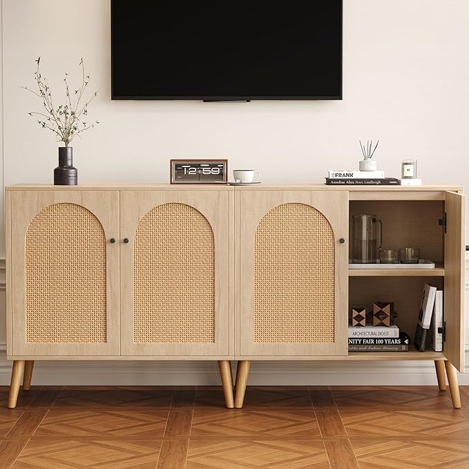 Rattan Storage Cabinet, 2-Door Boho Sideboard in Oak, Adjustable Shelf, Elegant Rattan Buffet Cabinet with Storage for Stylish Home Organization 31.5" Oak