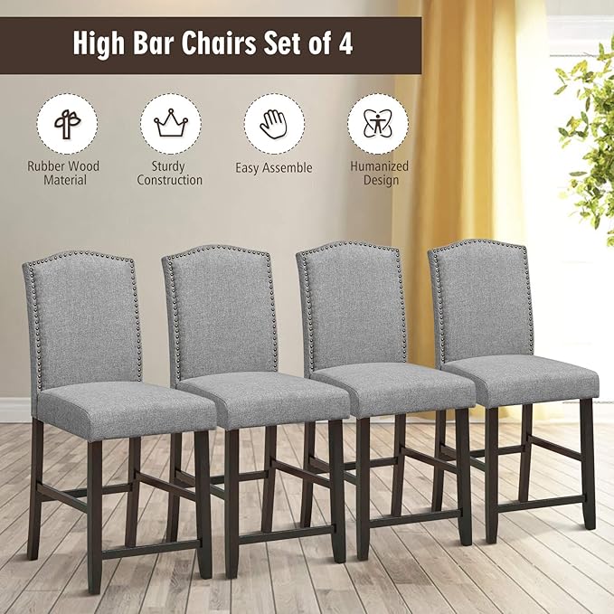 COSTWAY Bar Stools Set of 4, 25'' Upholstered Counter Height Bar Stools with S-Shaped Spring Thick Cushion, Rubber Wood Legs, High Back Leisure Chairs for Living, Kitchen, Dining Room (Grey, 4)