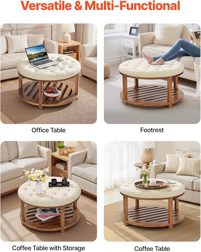 VEVOR Large Round Ottoman Coffee Table, 31.9 Inch Tufted Coffee Table with Solid Wood Shelf Storage, Linen Solid Upholstered Footrest Ottoman for Bedroom Living Room, 350 LBS, Linen Color