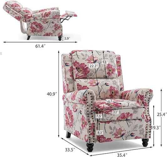 Pushback Recliner Chairs Set of 2, Upholstered Armchair Wingback Recliner Chair, Floral Fabric Push Back Recliner with Wood Legs, Rivet Trim Single Sofa Accent Chair for Living Room, Pattern White