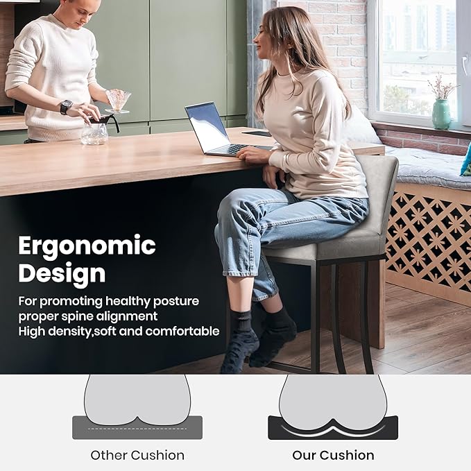 PHI VILLA Light Grey Bar Stools Set of 6, Faux Leather Counter Height Chairs, Kitchen Stools for Island, 24 Inch Barstools with Back