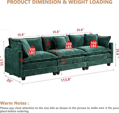 Aoowow Modular Sectional 3 Seater Cloud Sofa Couch for Living Room,113.8" Cloud Sofas with Deep Seat,Modern Chenille 3 Seat Sofas,Fluffy Cloud Couches for Bedroom,Apartment,Office (Green, 3 Seater)