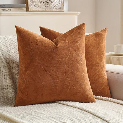 FUTEI Rust Velvet Throw Pillow Covers 16x16 Inch Set of 2,Soft Embossed Leaf-Relief Textured Cushion Cases,Natural Home Decor for Couch Living Room