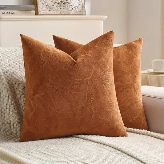 FUTEI Rust Velvet Throw Pillow Covers 16x16 Inch Set of 2,Soft Embossed Leaf-Relief Textured Cushion Cases,Natural Home Decor for Couch Living Room