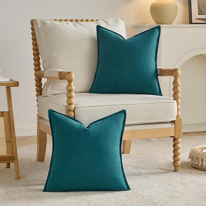 FUTEI Teal Chenille Throw Pillow Covers 16x16 Inch Set of 2,Edges Double-Stitched Cushion Cases,Modern Home Decor for Couch Living Room
