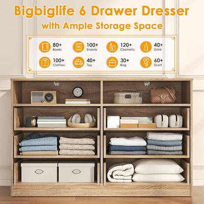 Bigbiglife 6 Drawers Dresser for Bedroom Wooden Drawer with Open Storage Cubby, Double Wide Dresser Organizer for Bedroom, Living Room, Entryway, Hallway (Light Oak)