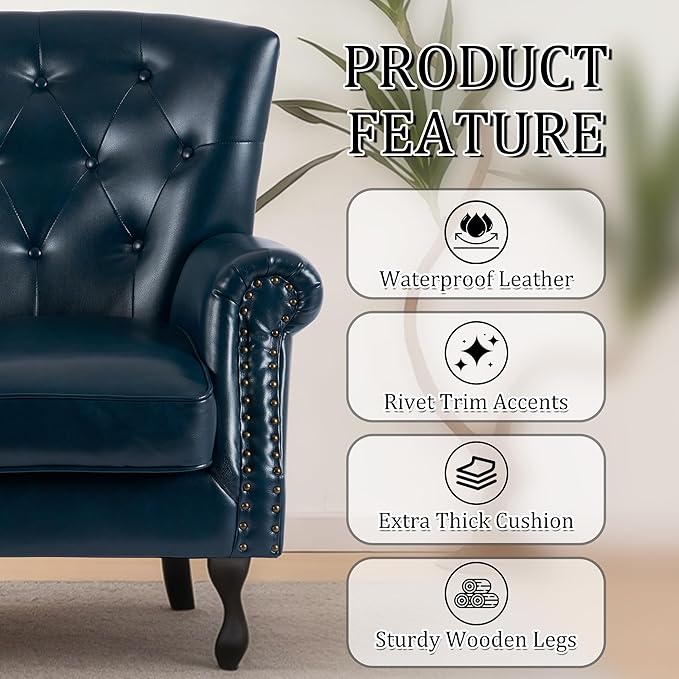 Modern Accent Chair, Mid-Century Faux Leather Armchair with Solid Wood Legs, Single Sofa Club Chair for Living Room, Bedroom, Leisure Room, Reading Room(Navy)