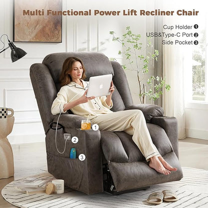 HUSFU Power Lift Recliner Chairs for Elderly with Massage and Heat, Extra Wide Oversized Recliners, Breathable Leather Lift Chairs w/Cup Holders, USB & Type-C Ports, Grey