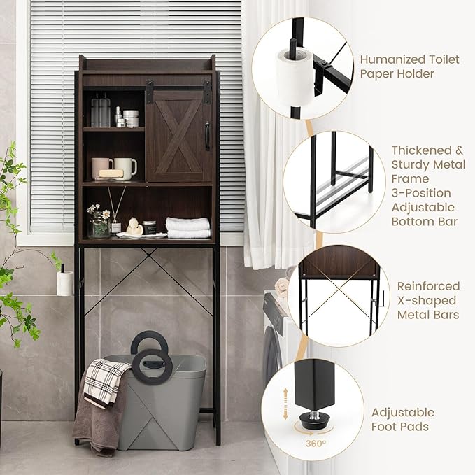 LOKO Over The Toilet Storage Cabinet, Freestanding Bathroom Space Saver with Adjustable Shelves & Sliding Barn Door, 4-Tier Over Toilet Bathroom Organizer, 25 x 9.5 x 67.5 inches (Espresso)