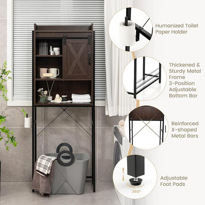 LOKO Over The Toilet Storage Cabinet, Freestanding Bathroom Space Saver with Adjustable Shelves & Sliding Barn Door, 4-Tier Over Toilet Bathroom Organizer, 25 x 9.5 x 67.5 inches (Espresso)
