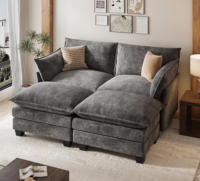KKL Modular Sectional Sofa Bed, 4 Seater Convertible L-Shaped Sleeper Cloud Couch with Ottoman, Chenille Sectional Couches for Living Room, Apartment Grey