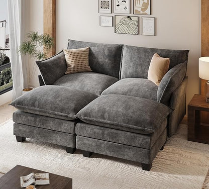 KKL Modular Sectional Sofa Bed, 4 Seater Convertible L-Shaped Sleeper Cloud Couch with Ottoman, Chenille Sectional Couches for Living Room, Apartment Grey