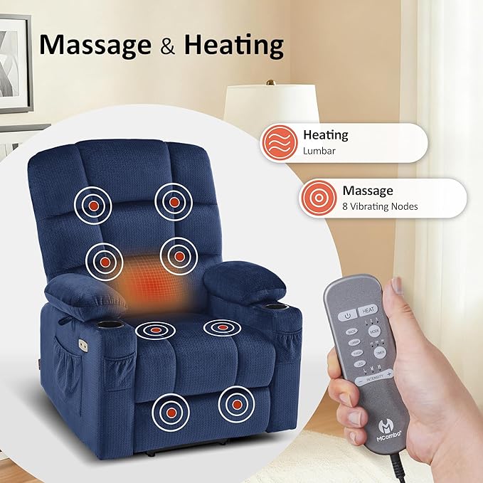 MCombo Large Dual Motor Power Lift Recliner Chair for Elderly, Massage and Heat, Lay Flat, Zero Gravity, Home Button, USB Port, Fabric 7680 (Large, Navy Blue)