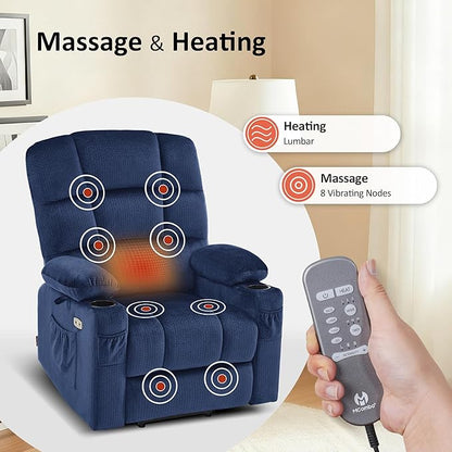 MCombo Large Dual Motor Power Lift Recliner Chair for Elderly, Massage and Heat, Lay Flat, Zero Gravity, Home Button, USB Port, Fabric 7680 (Large, Navy Blue)