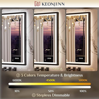 Keonjinn 48” x 30” LED Bathroom Mirror with Frontlit & Backlit, Large Metal Framed Lighted Mirror with Stepless Dimmable 3-Color Temperatures, Anti Fog, UL-Listed Driver, No Dark Corner
