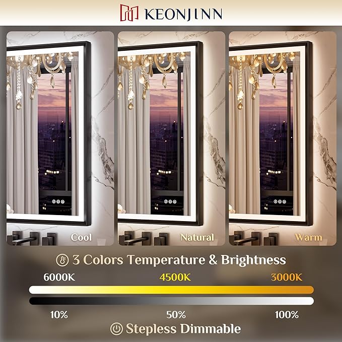 Keonjinn Black LED Mirror for Bathroom 40 x 32 Inch with Frontlit & Backlit, Metal Frame Mirror with Stepless 3-Color Lights, Antifog Dimmable, UL-Listed Driver,Tempered Glass(Horizontal/Vertical)