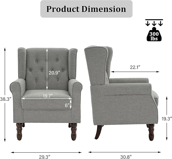 High Back Accent Chair, High Wingback Chair for Living Room, Button-Tufted Upholstered Fabric Armchair with Solid Wood Legs, Comfy Single Sofa Reading Chair for Bedroom, Light Gray