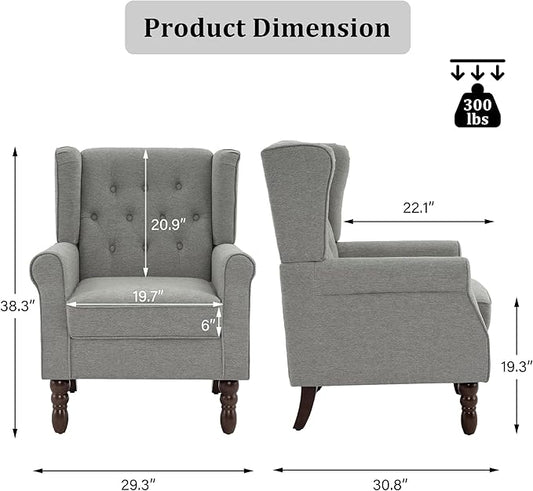 High Back Accent Chair, High Wingback Chair for Living Room, Button-Tufted Upholstered Fabric Armchair with Solid Wood Legs, Comfy Single Sofa Reading Chair for Bedroom, Light Gray