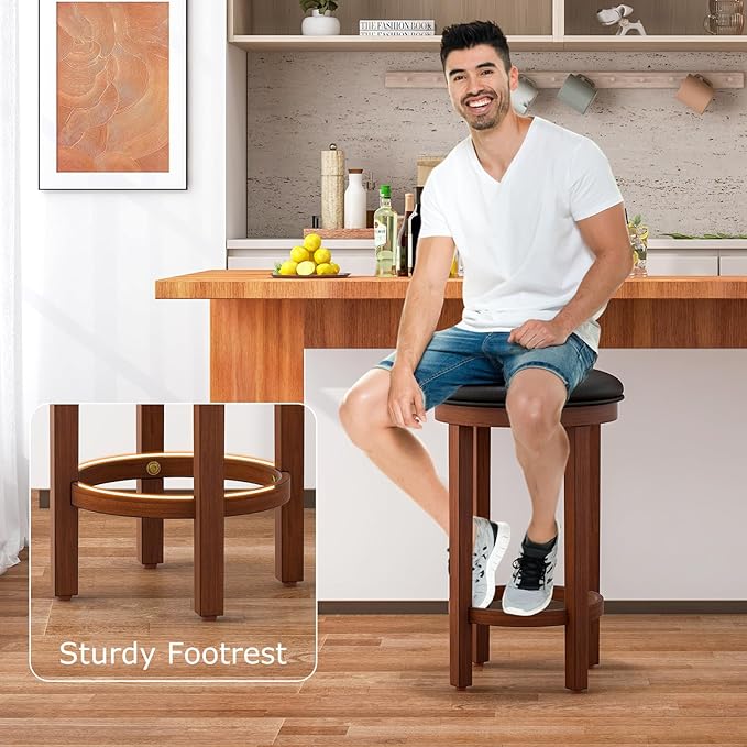 COSTWAY Upholstered Bar Stools Set of 2, 25” Counter Height Bar Chairs with Padded Cushion & Wooden Frame, Faux Leather Backless Stools for Kitchen, Dining Room, Pub, Black + Walnut