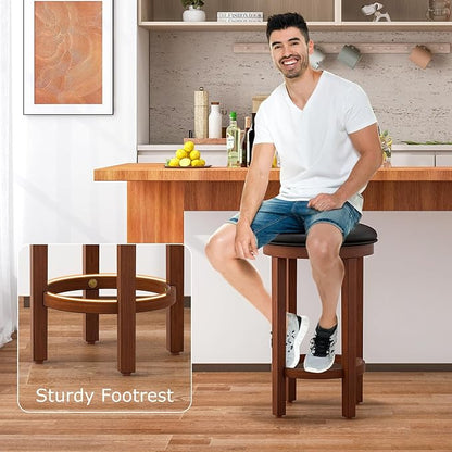 COSTWAY Upholstered Bar Stools Set of 2, 25” Counter Height Bar Chairs with Padded Cushion & Wooden Frame, Faux Leather Backless Stools for Kitchen, Dining Room, Pub, Black + Walnut
