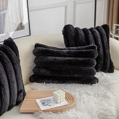 Neelvin Black Faux Fur Cozy Soft Striped Decorative Throw Pillow Covers 24x24 inch Set of 2,Velvet Pillowcase Cushion Case for Sofa Couch