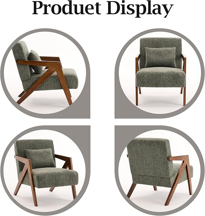 Mid-Century Modern Accent Chair with Solid Wood Frame，Upholstered Chenille Living Room Arm Chairs with Pillow for Bedroom, Living Room, Balcony, Reading Room, Green