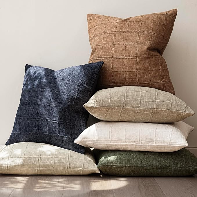 Foindtower Set of 2 Decorative Linen Check Throw Pillow Covers Neutral Farmhouse Lumbar Cushion Covers Modern Boho Home Decor for Sofa Chair Couch Bedroom Living Room,12×20 Inch,Navy Blue