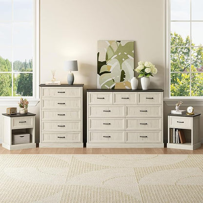CARPETNAL Farmhouse Dresser and Nightstand Sets for Bedroom, 4 Pcs Bedroom Set, 5 Drawer & 9 Drawer Dresser and Nightstand Set of 2, Wood Chest of Drawers for Living Room, Entryway, White