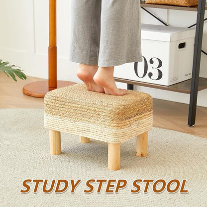 Ottoman Foot Stool Rectangular Footrest Natural Seagrass Footstool with Wooden Legs Hand Weave Multifunctional Modern Dressing Stool, Sofa Side Table for Bedroom for Living Room (White)
