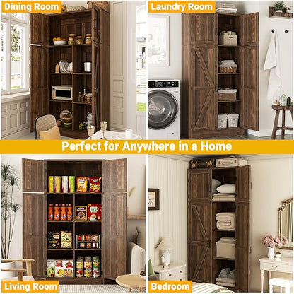 Unikito 71” Tall Storage Cabinet, Farmhouse Kitchen Pantry Cabinet with Adjustable Shelves and Barn Doors, Versatile Storage Cupboard for Dinning Room, Bathroom, Living Room, Weathered Brown, 2 Pack