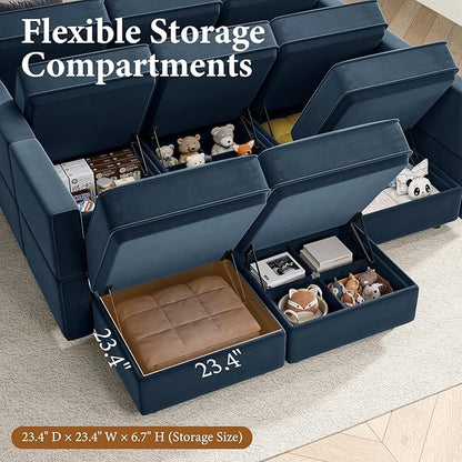 Vesgantti Sectional Couches with Storage Seats, 118" L Shaped Convertible Modular Sectional Sofa, 4 Seat & 1 Ottoman Velvet Storage Chaises Deep Seat Couch for Living Room, Bedroom, Apartment, Blue