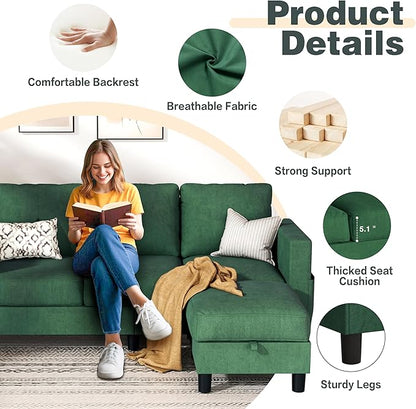 JY QAQA Convertible Sectional Sofa Couch with 3-Seat Sofa, L-Shaped Ottoman Couch with Modern Linen Fabric for Small Living Room, Apartment and Small Space(Green)