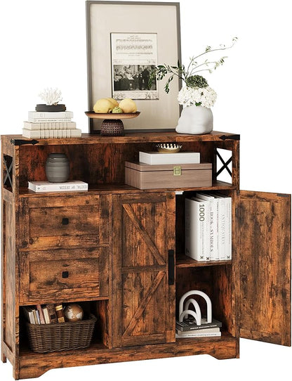 Fameill Farmhouse Storage Cabinet with Drawers and Open Storage,Freestanding Kitchen Pantry with 2 Barn Doors, Floor Cabinet with Adjustable Shelf for Living Room,Brown