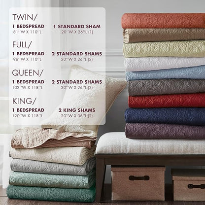 Madison Park Quebec Reversible Damask Design, Double Sided Quilting All Season, Lightweight Coverlet Bedspread Bedding Set, Matching Shams, Queen(102"x118"), Purple