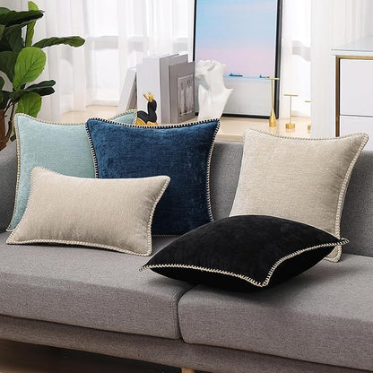 decorUhome Chenille Soft Throw Pillow Covers 24x24 Set of 2, Farmhouse Velvet Neutral Decorative Euro Pillow Covers with Stitched Edge for Couch Sofa Bed Home Decor, Poseidon