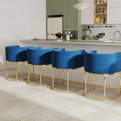 Contemporary Blue Velvet Bar Stools Set of 4, 24" Upholstered Fabric Counter Height Barstools Kitchen Counter Island Stools with Golden Metal Base