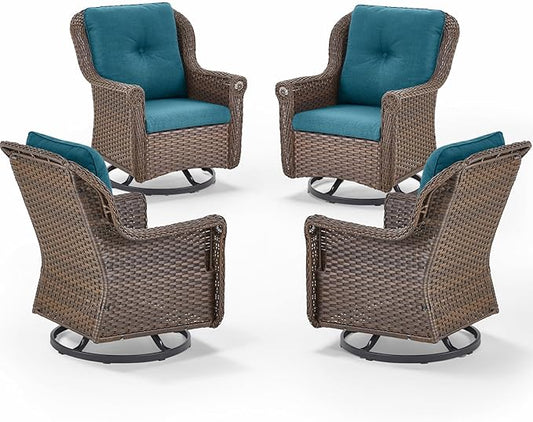 Patio Chairs Outdoor Swivel Glider - Set of 4 High Back Outside Brown Wicker Rattan Rocking Chair with Thick Cushion for Porch Apartment Deck Yard Poolside Garden - Peacock Blue