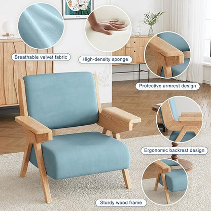 Mid Century Modern Accent Chair Set of 2, Fabric Upholstered Lounge Arm Chairs with Solid Wood Frame for Living Room, Bedroom, Office, Reading Corner (Blue)