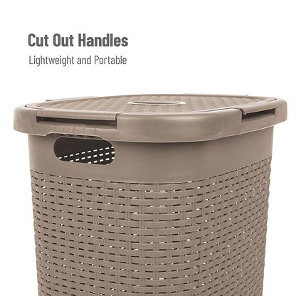Mind Reader Slim Laundry Hamper with Lid, 60L Clothes Basket, Premium Wicker Design, Plastic, Tan