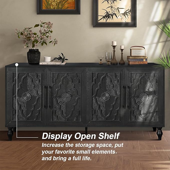 Sideboard Buffet Credenzas for Living Room, 63" Antique Black Entryway Table with Storage Accent Cabinet, Carved Flowers Doors & Wire Holes