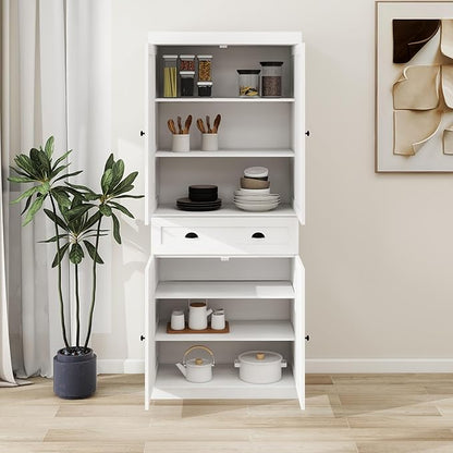 71" Tall Pantry Cabinet with Drawer & 4 Doors, Versatile Storage Cabinet with Adjustable Shelves for Kitchen, Laundry Room, Living Room, Bathroom, White