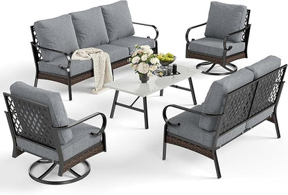 5 Piece Metal Outdoor Patio Furniture Set, Patio Conversation Sets 1 3-Seater Sofa, 2-Seater Sofa, 2 Swivel Sofa with 5.75" Thick Cushion & Coffee Table Black Backyard Furniture, Gray