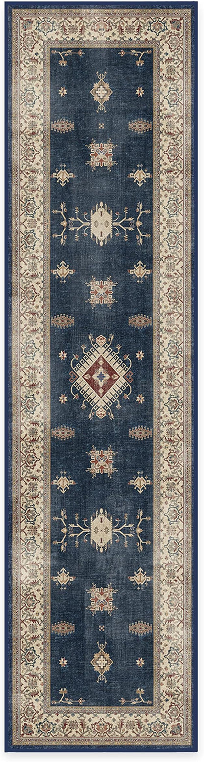 RUGGABLE Washable Vintage Runner Rug – Verena Sapphire 2.5x10, Stain-Resistant, Non-Slip Hallway Runner – Machine Washable Rug for Hallway, Entryway, Living Room & Kitchen–with Standard Pad