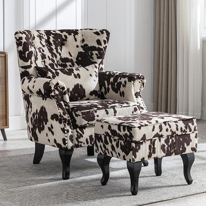 Mid Century Modern Accent Chair Upholstered Armchair Comfy Velvet Tufted Wingback Single Sofa with Ottoman for Bedroom Living Room, Cow