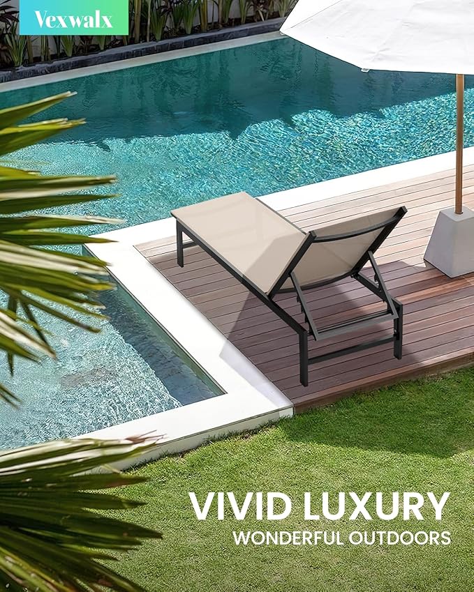 Outdoor Lounge Chairs for Pool, Aluminum Chaise Lounge Chair with 5-Position Recliner, Patio Lounge Chair for Backyard, Poolside, Lawn, Khaki
