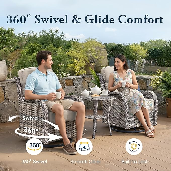 Belord Luxury 6" Thick Cushioned Outdoor Swivel Rocker Chairs Set of 4 with Fire Pit Table, High Back Wicker Patio Furniture Set with Ergonomic Zone Back, Conversation Set for Deck Porch - Grey+Beige